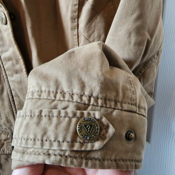 Guess Women's M Tan Quilted Faux Fur Trim Hooded Zip Up Canvas Cargo Jacket - Picture 5 of 8